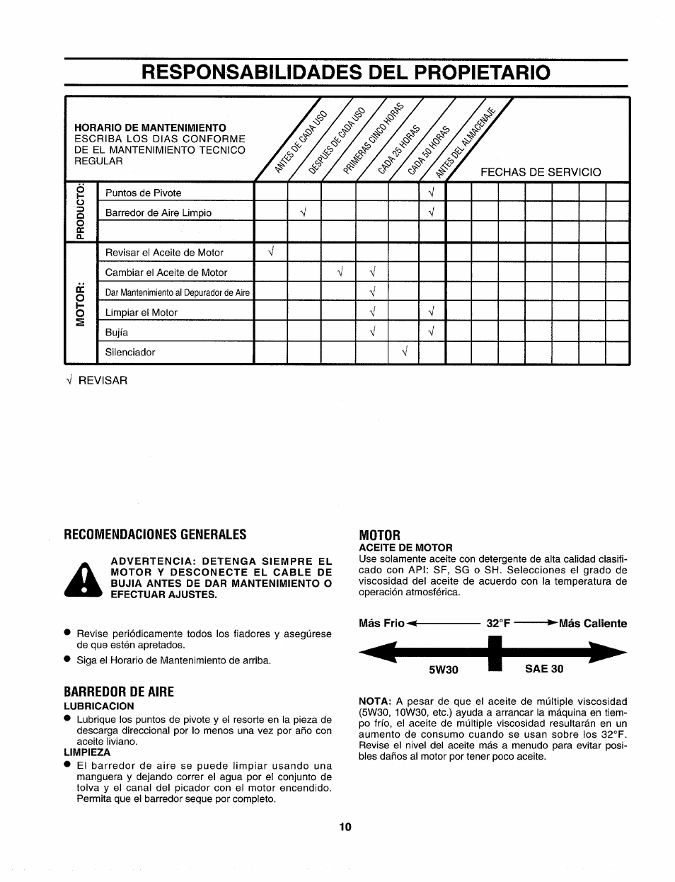 Responsabilidades del propietario, Recomendaciones generales, Barredor de aire | Lubricacion, Limpieza | Craftsman 247.797900 User Manual | Page 32 / 36