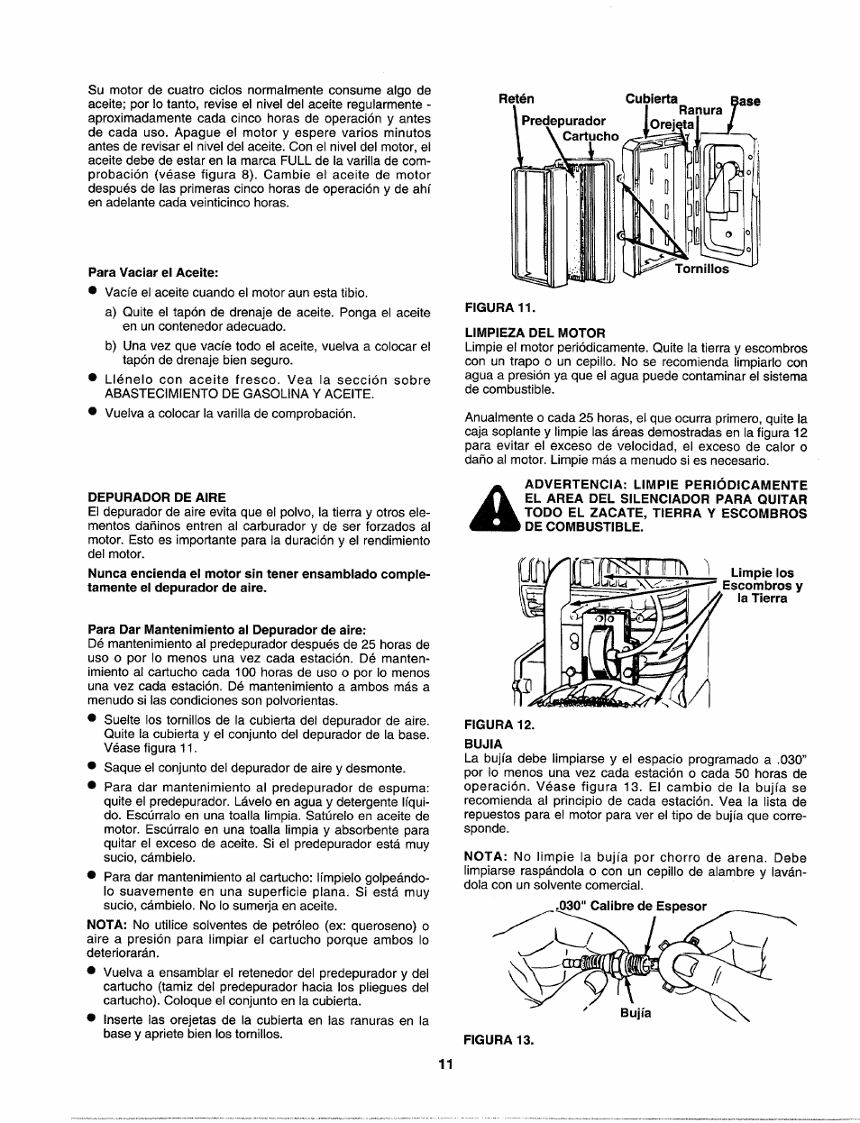 Para vaciar el aceite, Depurador de aire, Para dar mantenimiento al depurador de aire | Limpieza del motor, Figura 12, Bujia | Craftsman 247.797900 User Manual | Page 33 / 36