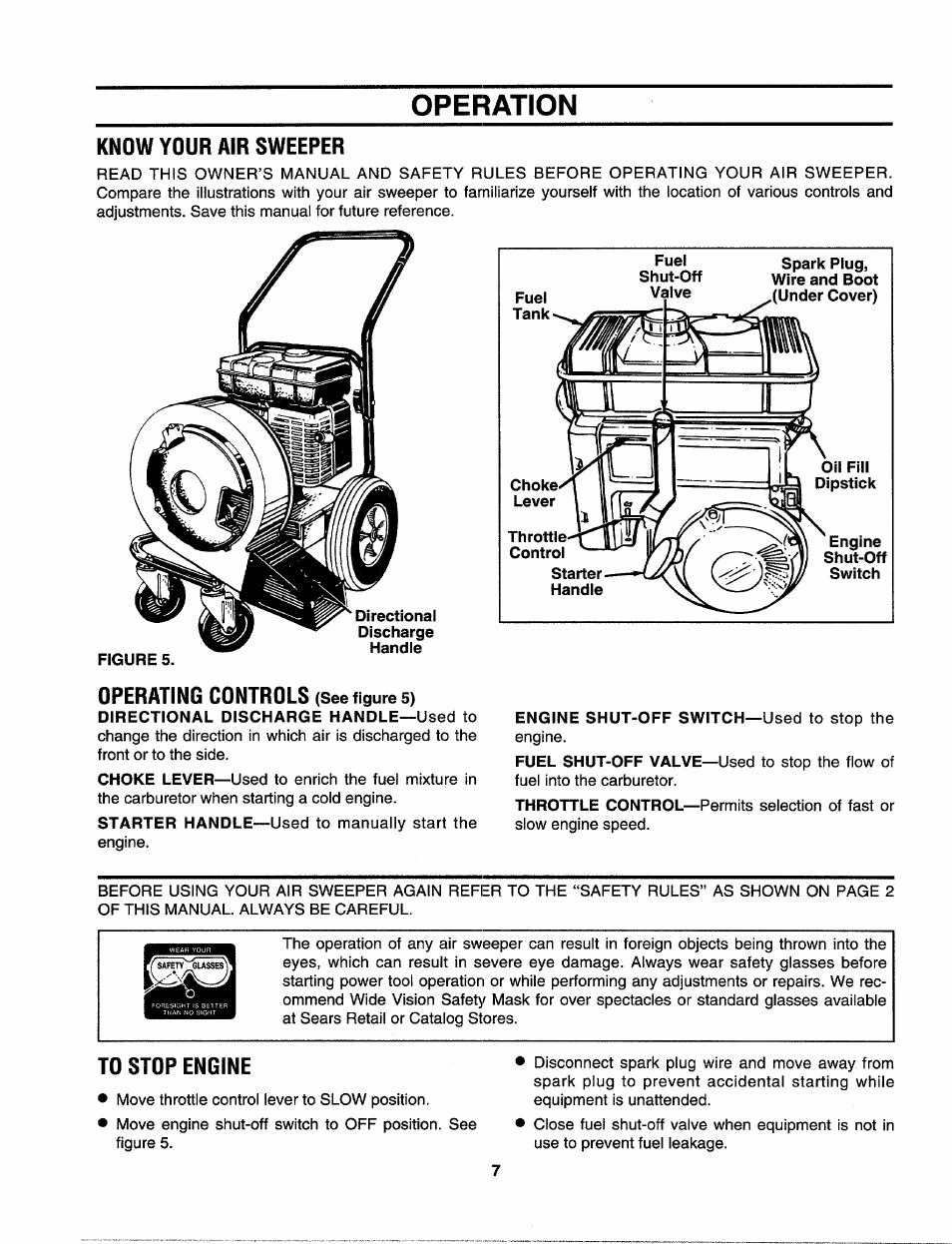 Operation, Know your air sweeper, Operating controls (see figure 5) | To stop engine, Operating controls | Craftsman 247.797900 User Manual | Page 7 / 36