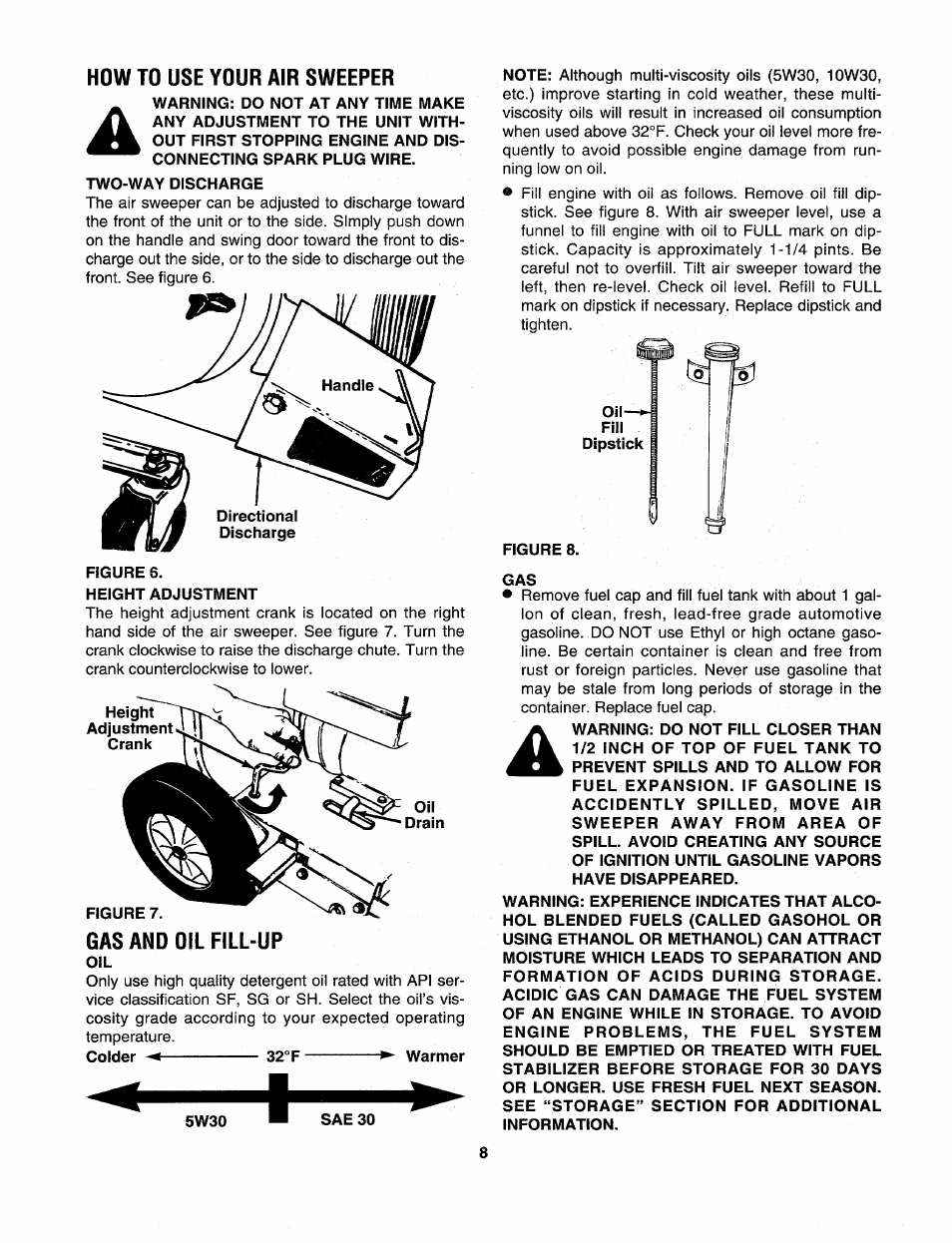 How to use your air sweeper, Gas and oil fill-up | Craftsman 247.797900 User Manual | Page 8 / 36