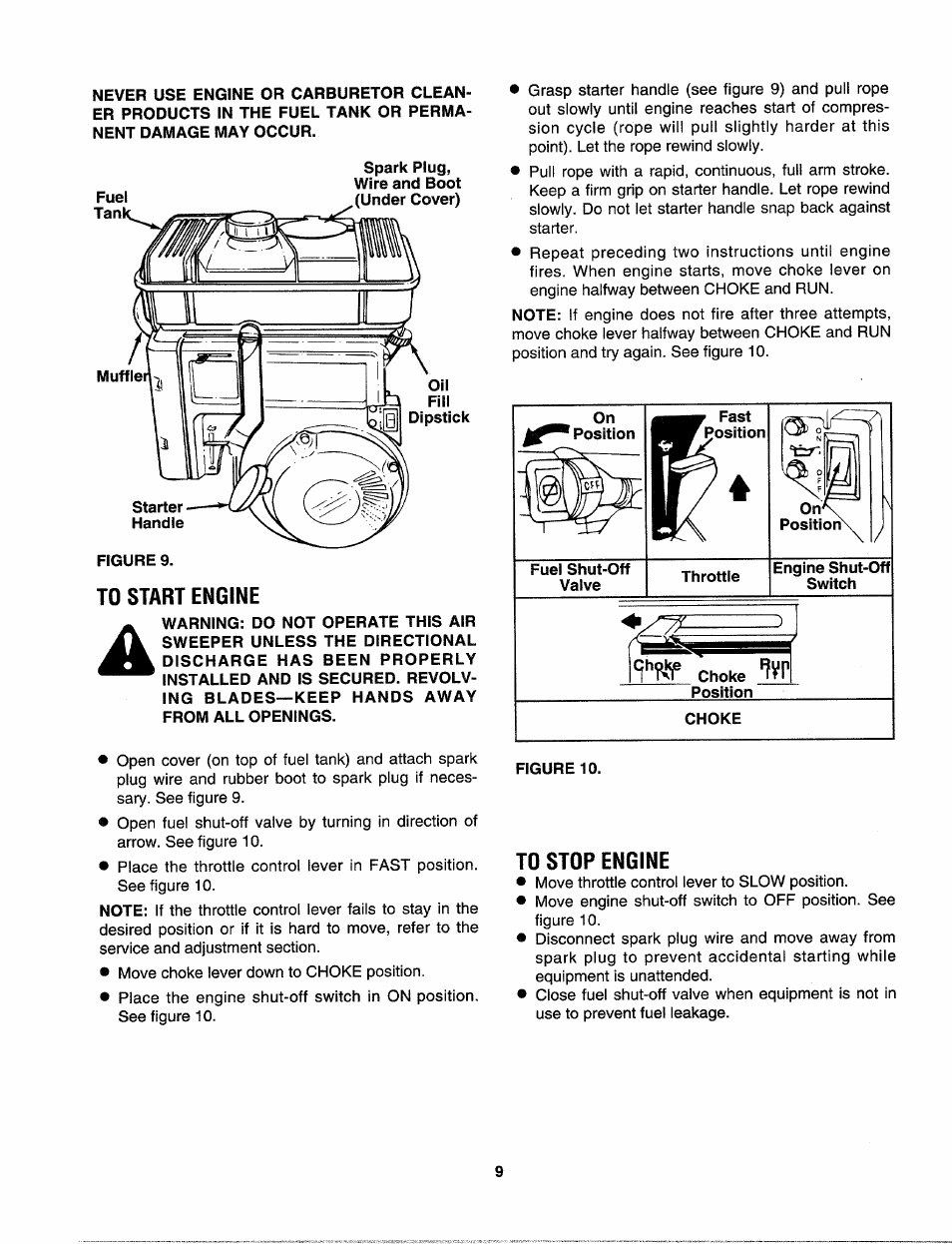 To start engine, To stop engine | Craftsman 247.797900 User Manual | Page 9 / 36