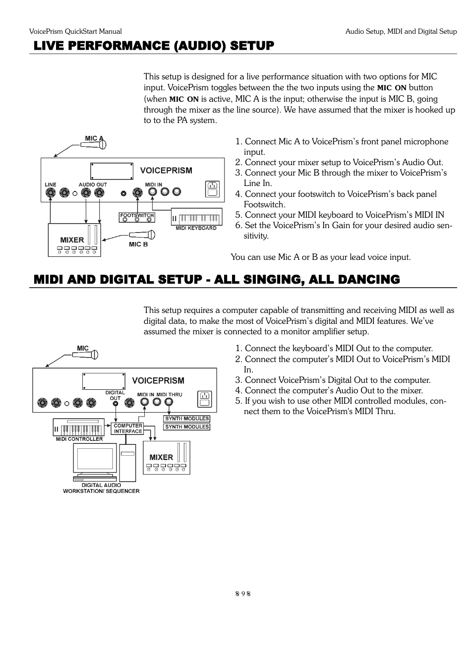 Live performance (audio) setup, Midi and digital setup - all singing, all dancing | TC-Helicon Voiceprism Quickguide User Manual | Page 9 / 9