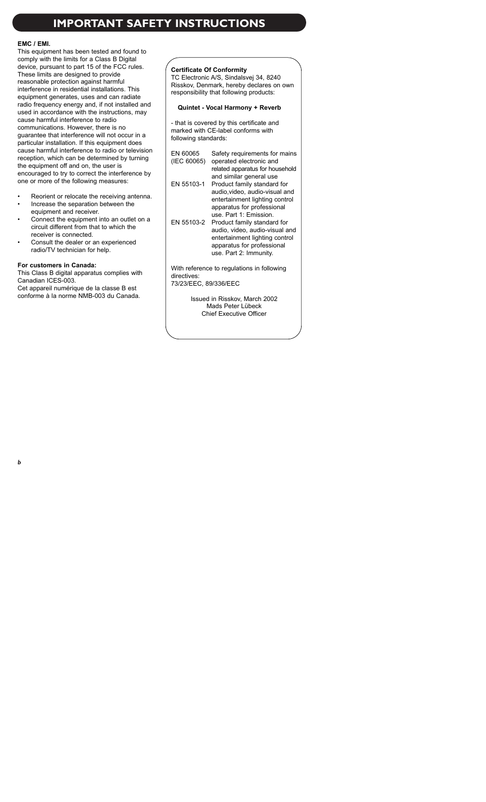 Important safety instructions | TC-Helicon Quintet Manual User Manual | Page 4 / 25