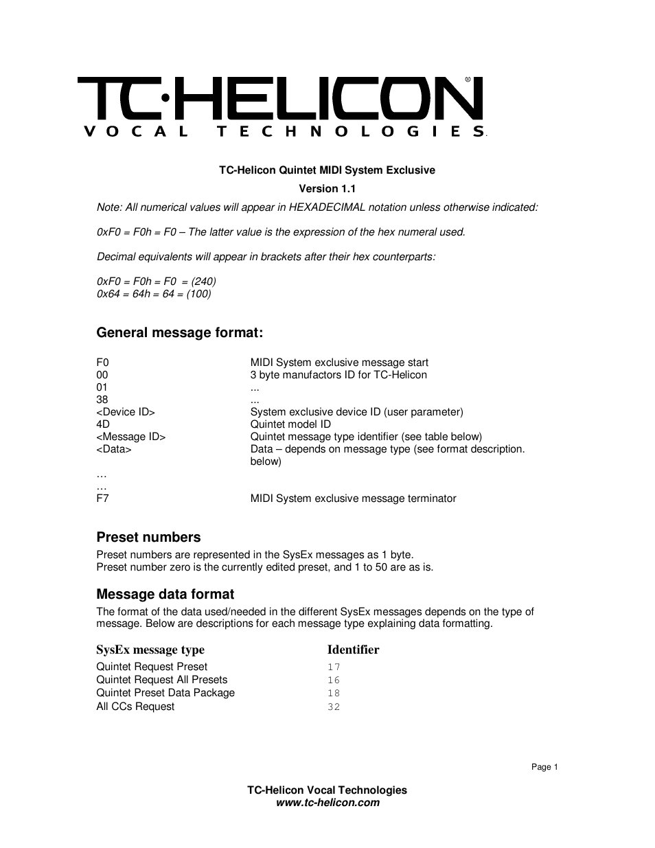 TC-Helicon Quintet Sysex Manual User Manual | 3 pages