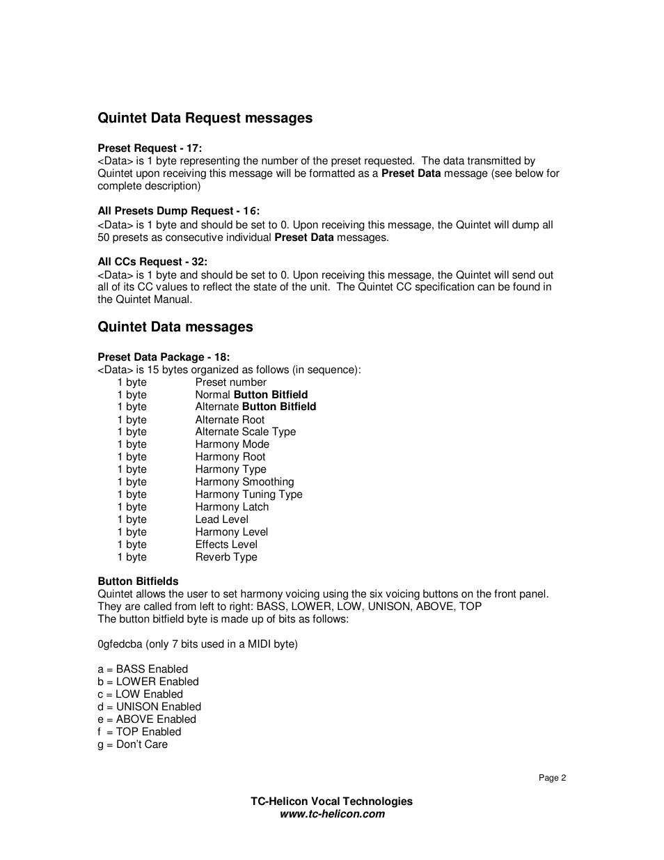 Quintet data request messages, Quintet data messages | TC-Helicon Quintet Sysex Manual User Manual | Page 2 / 3