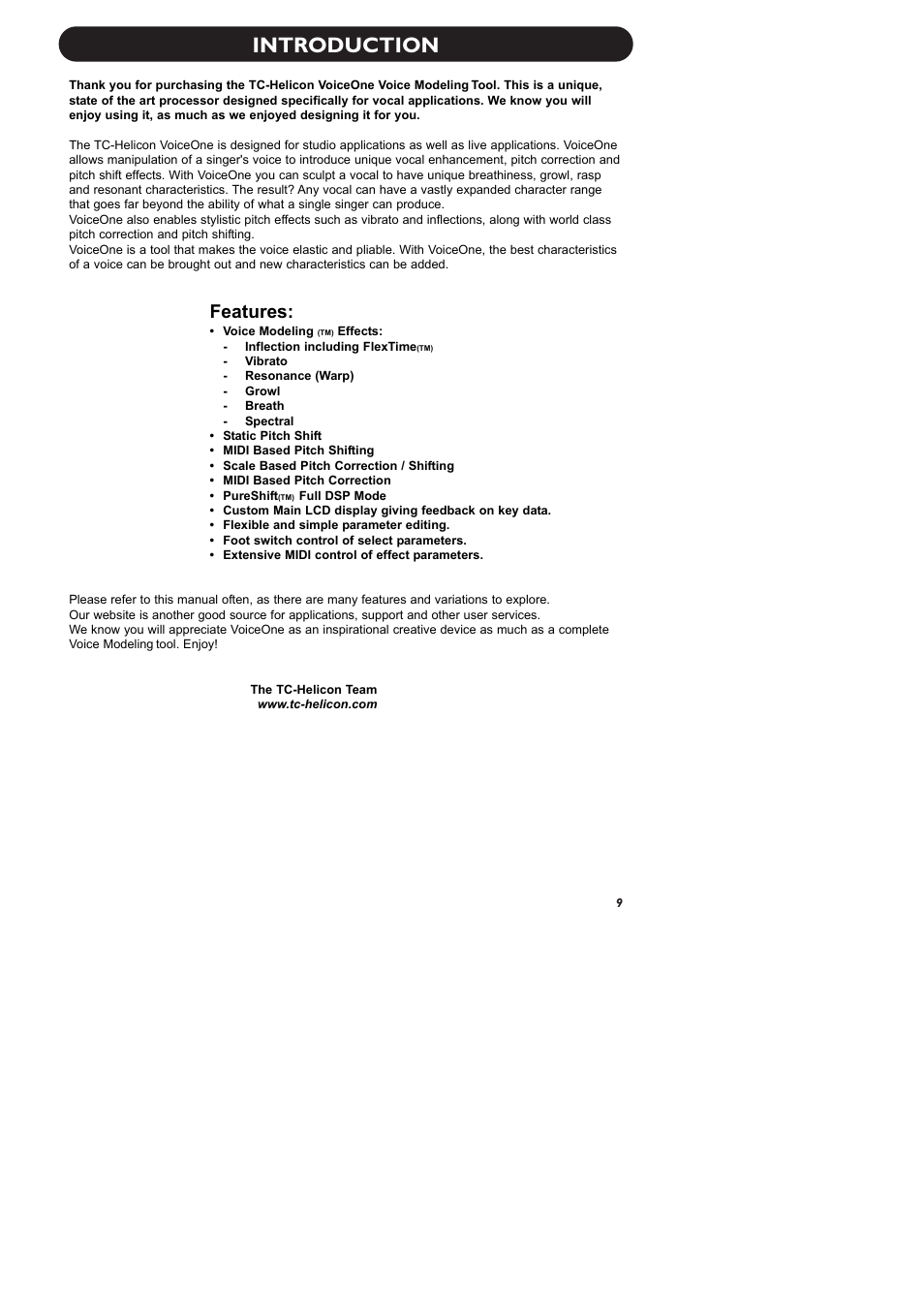 Introduction, Features | TC-Helicon VoiceOne Manual User Manual | Page 11 / 43