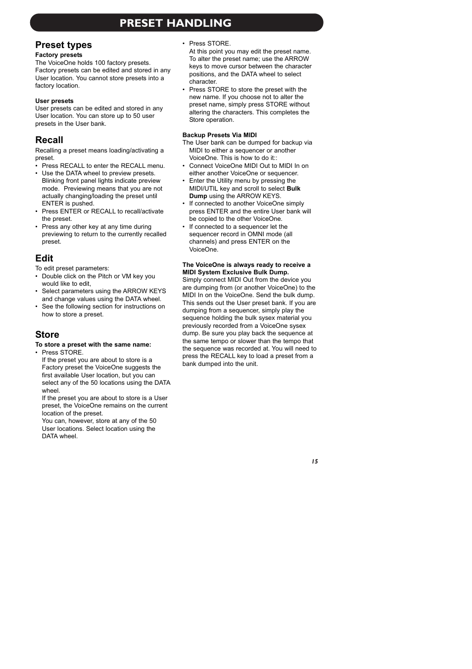 Preset handling, Preset types, Recall | Edit, Store | TC-Helicon VoiceOne Manual User Manual | Page 17 / 43