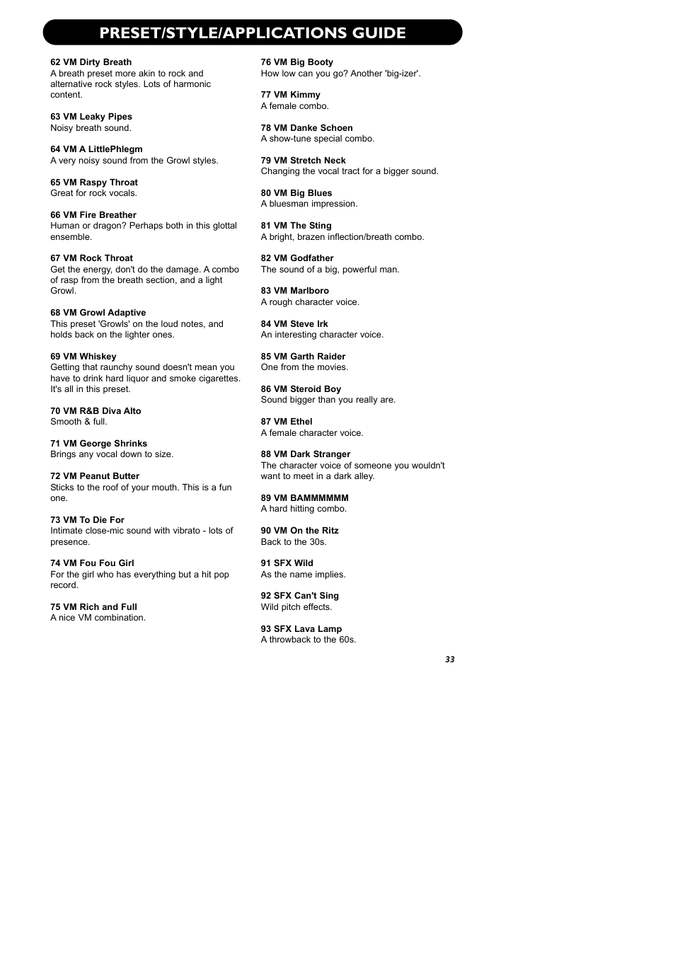 Preset/style/applications guide | TC-Helicon VoiceOne Manual User Manual | Page 35 / 43