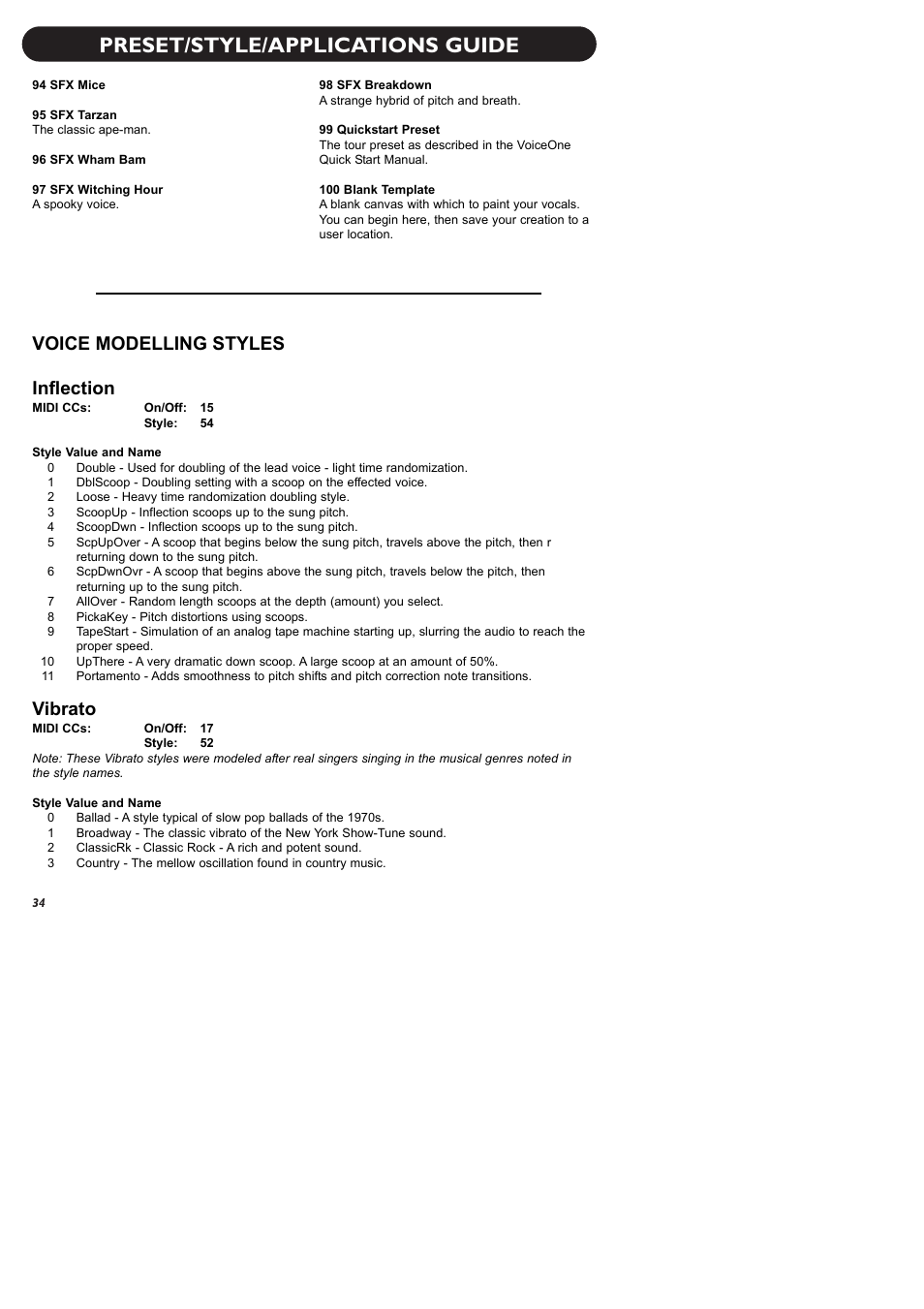 Preset/style/applications guide, Voice modelling styles inflection, Vibrato | TC-Helicon VoiceOne Manual User Manual | Page 36 / 43