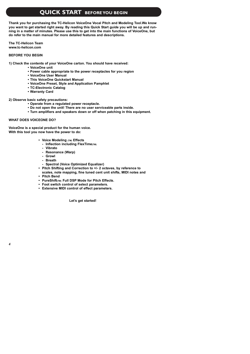 Quick start, Before you begin | TC-Helicon VoiceOne Manual User Manual | Page 6 / 43