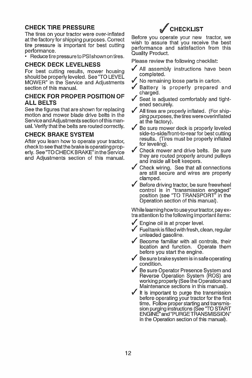 Check tire pressure, Check deck levelness, Check for proper position of all belts | Check brake system, Checklist | Craftsman 917.28948 User Manual | Page 12 / 72