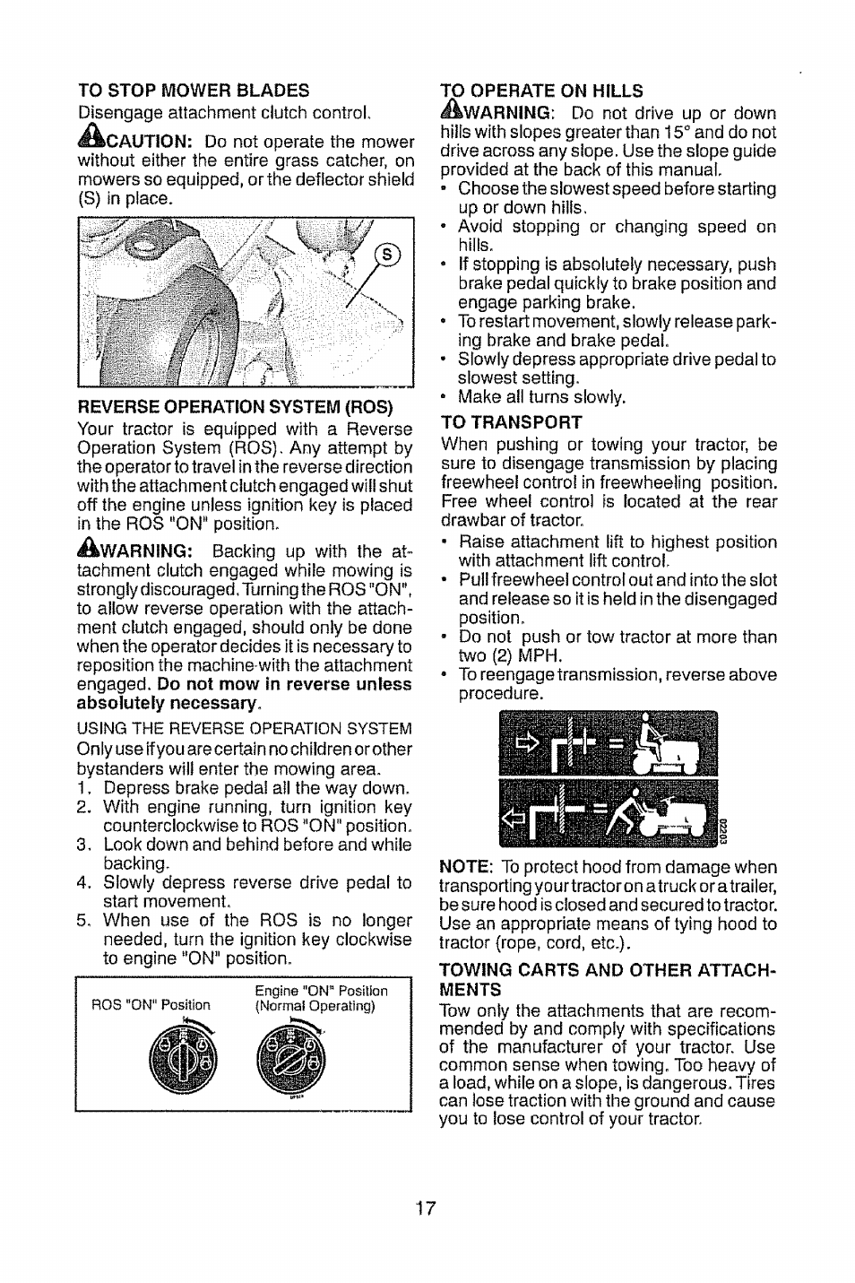 To stop mower blades, Reverse operation system (ros), To transport | Towsng carts and other attachments | Craftsman 917.28948 User Manual | Page 17 / 72