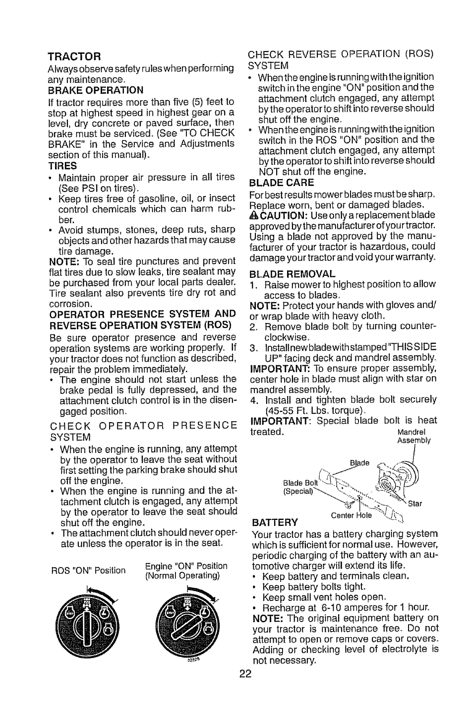 Tires, Blade care, Blade removal | Battery, Tractor | Craftsman 917.28948 User Manual | Page 22 / 72