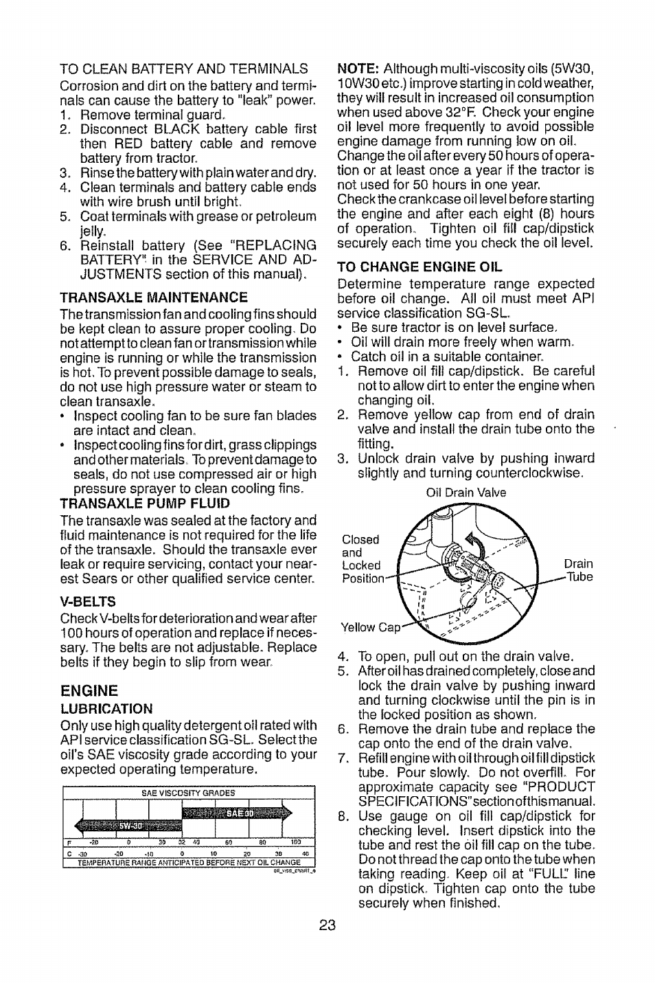 Transaxle maintenance, V-belts, Lubrication | To change engine oil, Engine | Craftsman 917.28948 User Manual | Page 23 / 72