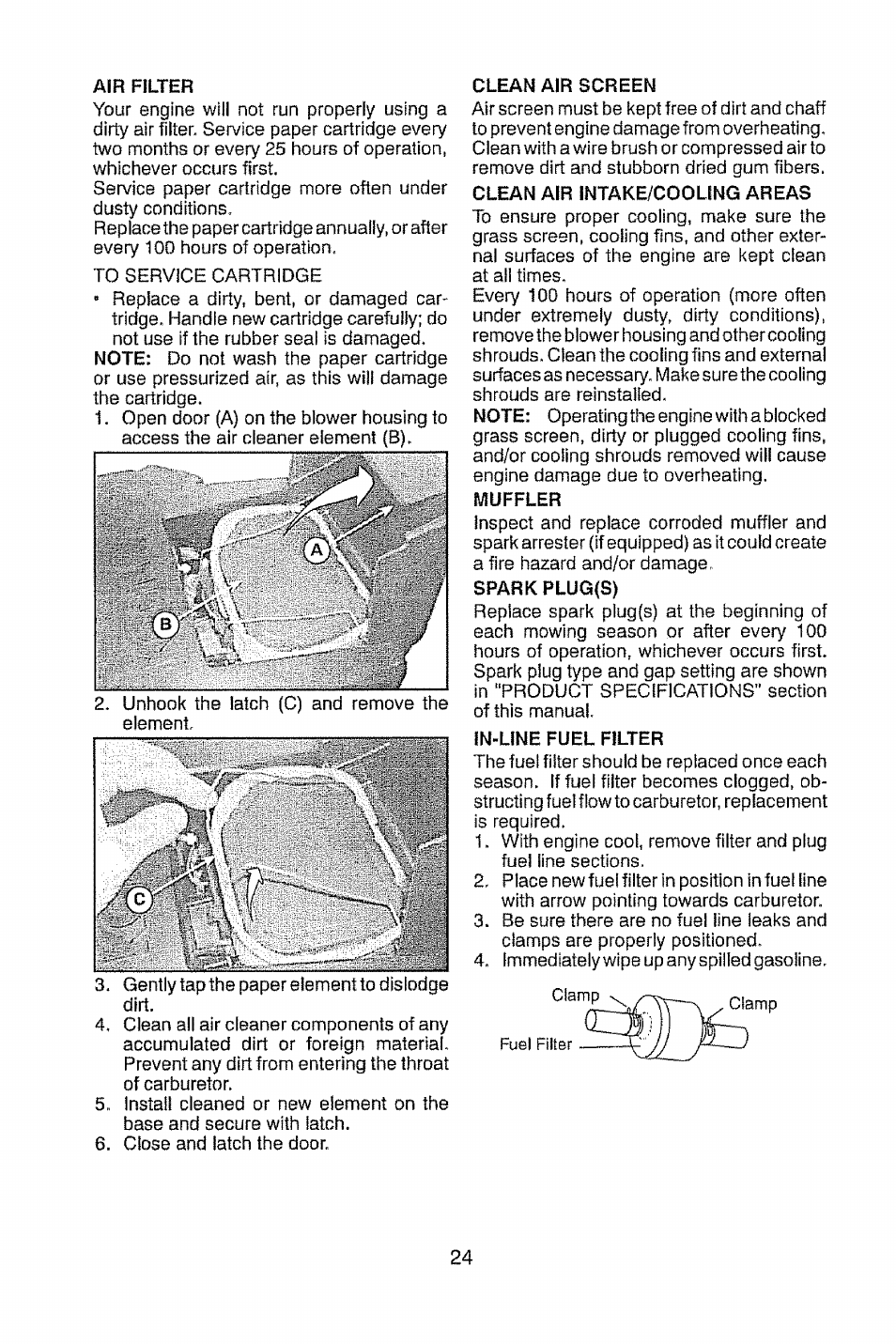 Air filter, Clean air screen, Clean air intake/cooung areas | Spark plug{s), In-line fuel filter | Craftsman 917.28948 User Manual | Page 24 / 72