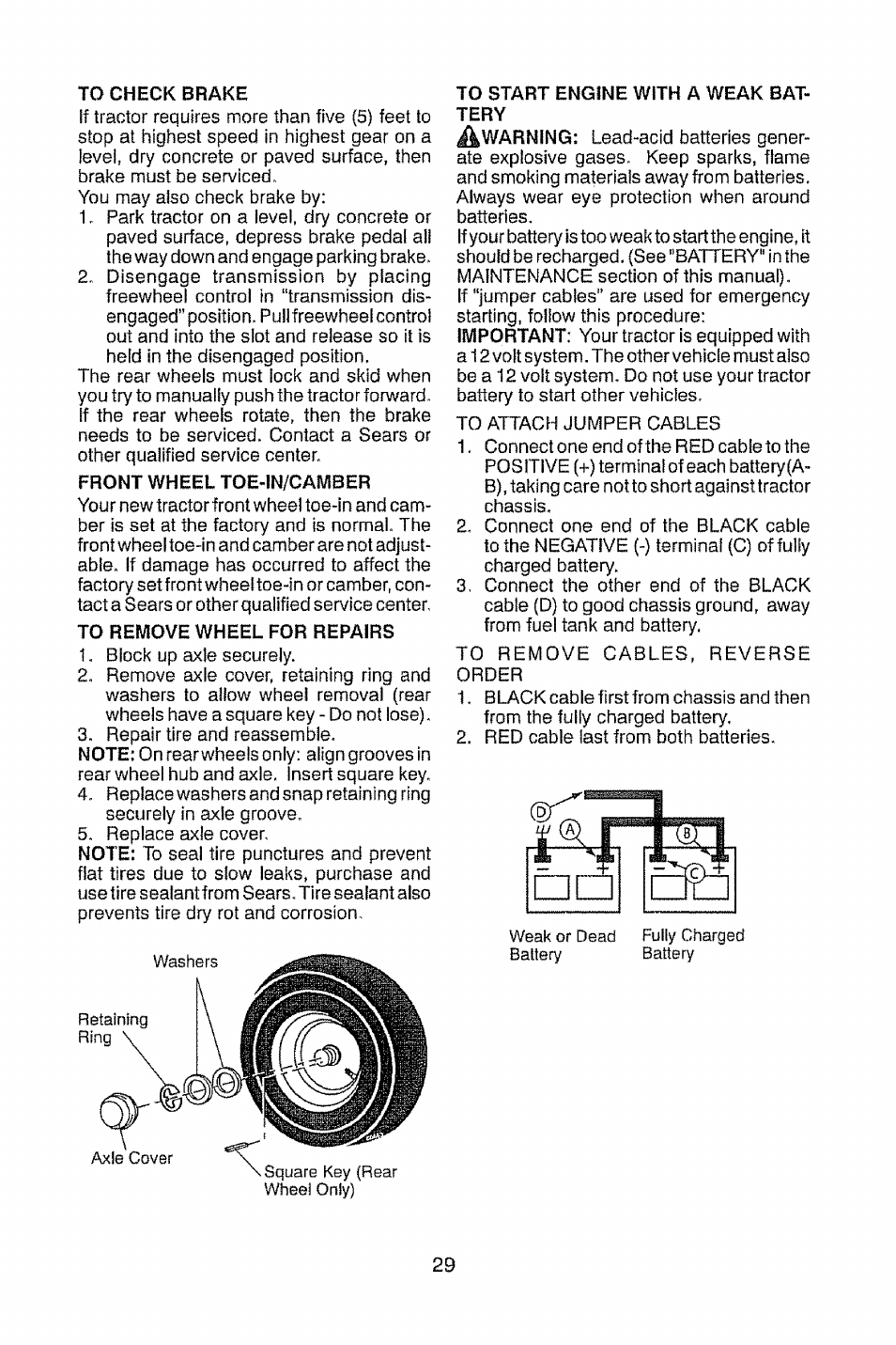 Front wheel toe-in/camber, To remove wheel for repairs, To start engine with a weak battery | Craftsman 917.28948 User Manual | Page 29 / 72