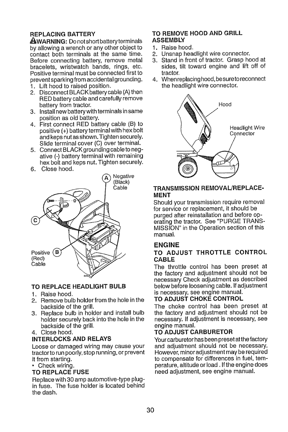 To replace headlight bulb, Interlocks and relays, To remove hood and grill | Assembly, Transmission removal7replace- ment, To adjust throttle control cable, Engine | Craftsman 917.28948 User Manual | Page 30 / 72