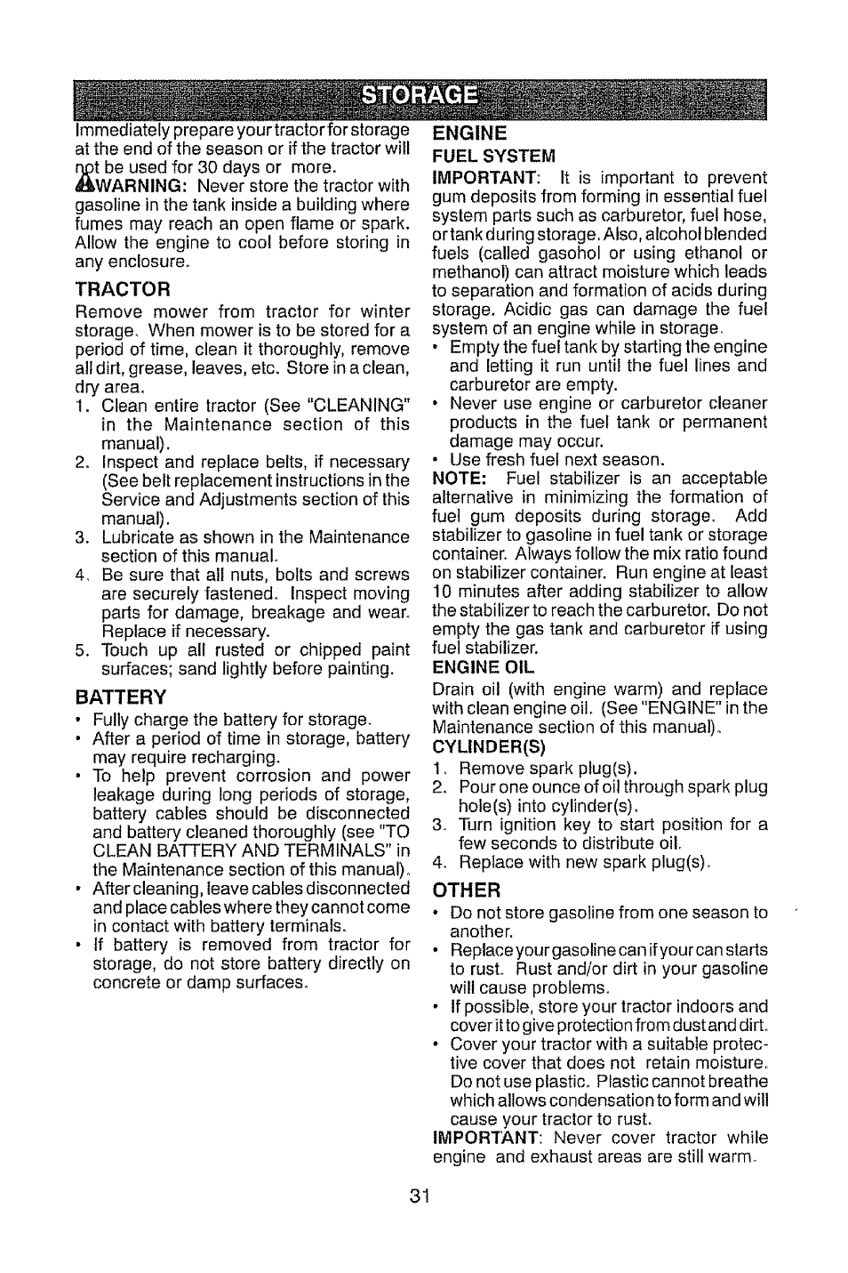 Engine oil, Tractor, Engine | Other | Craftsman 917.28948 User Manual | Page 31 / 72