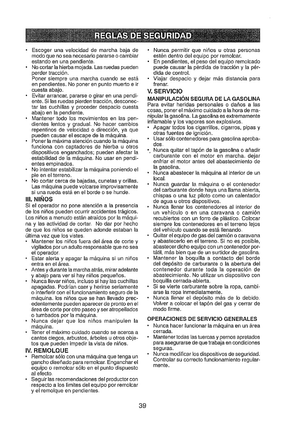 Iii. niños, Iv. remolque, V servicio | Craftsman 917.28948 User Manual | Page 39 / 72