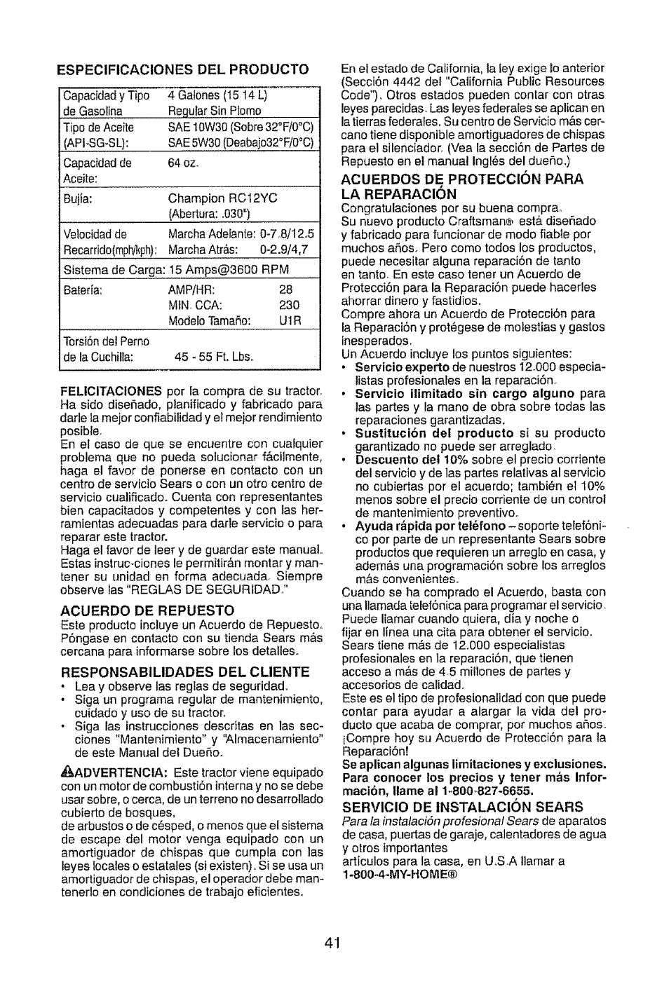 Acuerdo de repuesto, Responsabilidades del cuente, Acuerdos de protección para la reparación | Servicio de instalación sears | Craftsman 917.28948 User Manual | Page 41 / 72