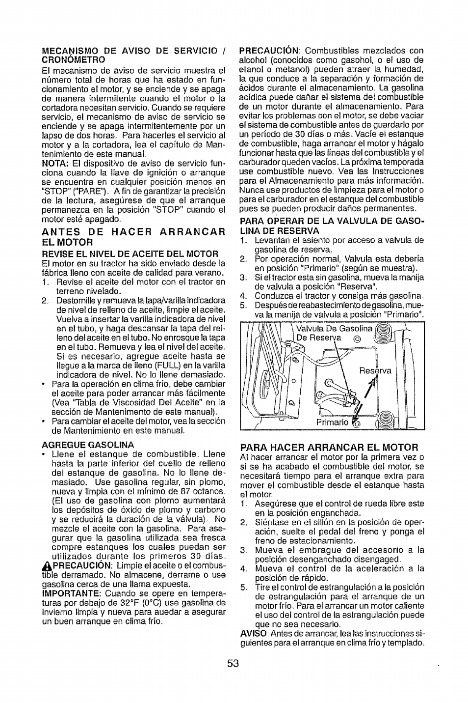 Antes de hacer arrancar, Para hacer arrancar el motor | Craftsman 917.28948 User Manual | Page 53 / 72