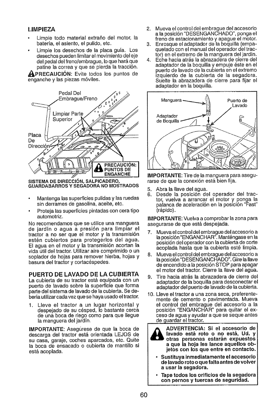 Limpieza, Puerto de lavado de la cubierta | Craftsman 917.28948 User Manual | Page 60 / 72