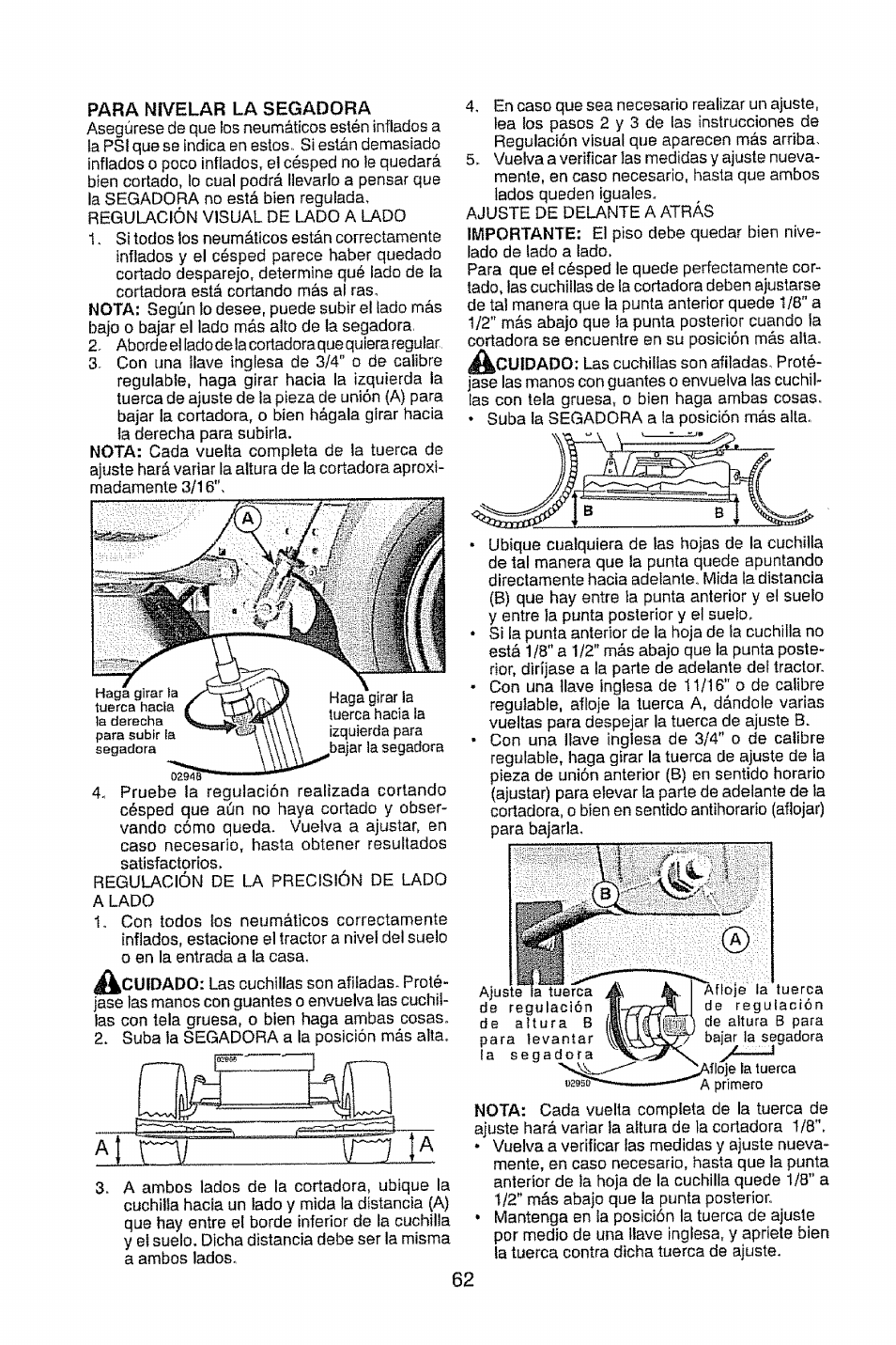 Para nivelar la segadora | Craftsman 917.28948 User Manual | Page 62 / 72