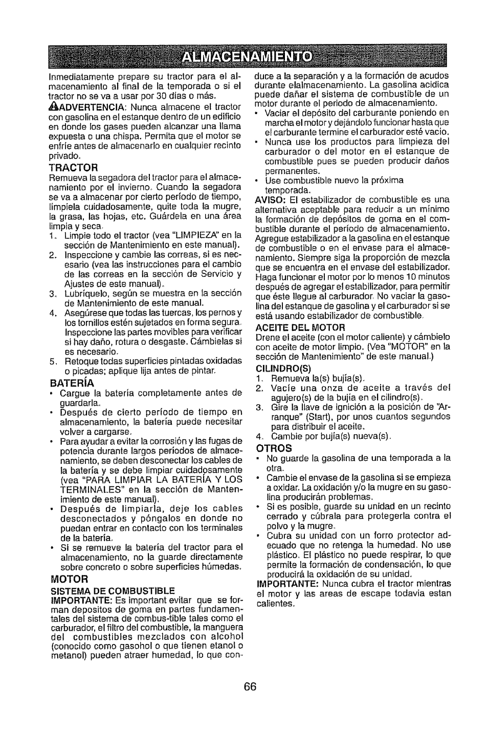 Tractor, Batería, Motor | Otros | Craftsman 917.28948 User Manual | Page 66 / 72