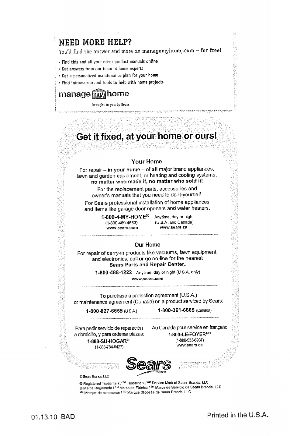 I need more help, Manage home, Get it fixed, at your home or ours | 10 bad printed in the u.s.a | Craftsman 917.28948 User Manual | Page 72 / 72