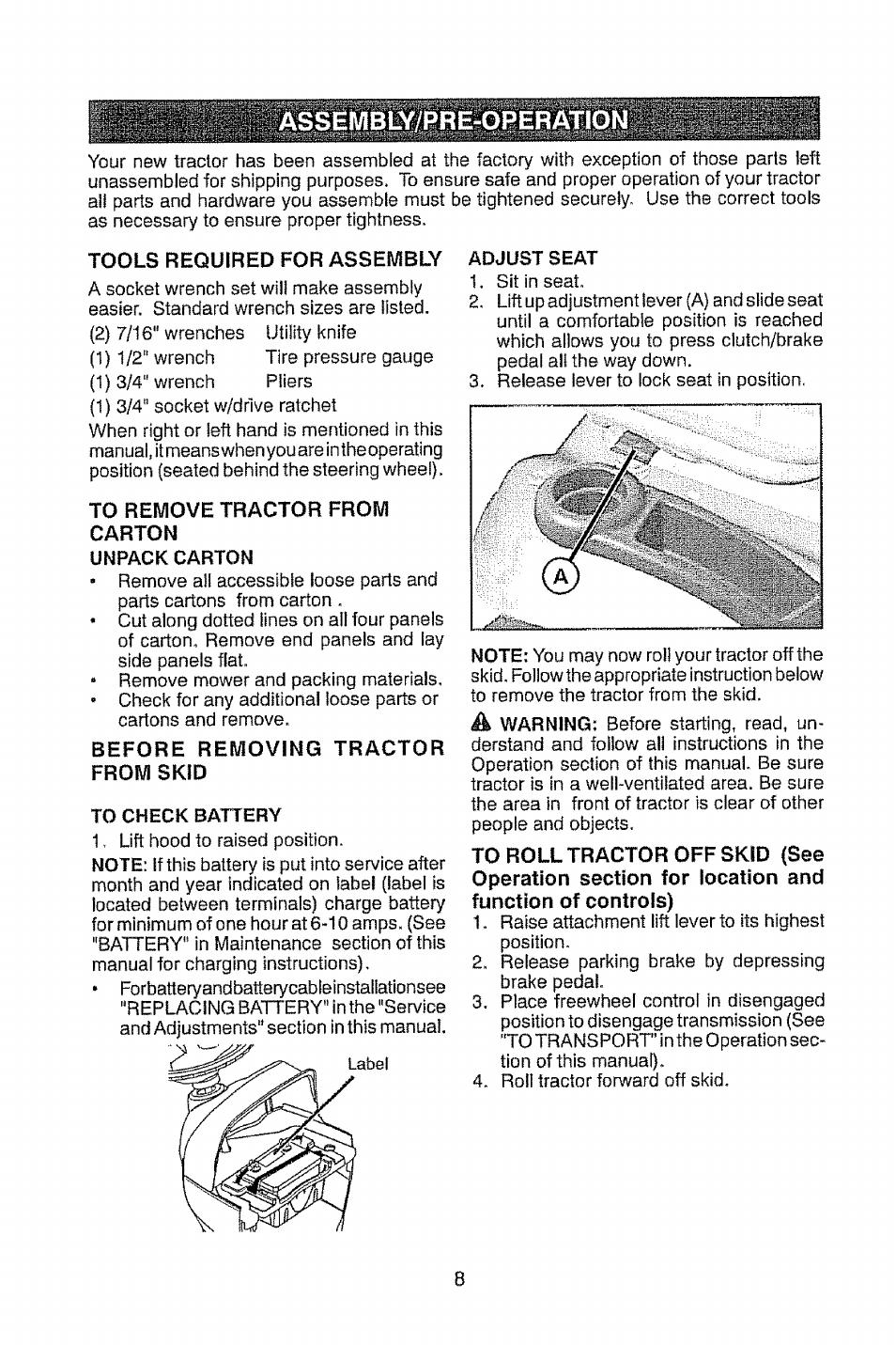 Tools required for assembly, Before removing tractor from skid | Craftsman 917.28948 User Manual | Page 8 / 72