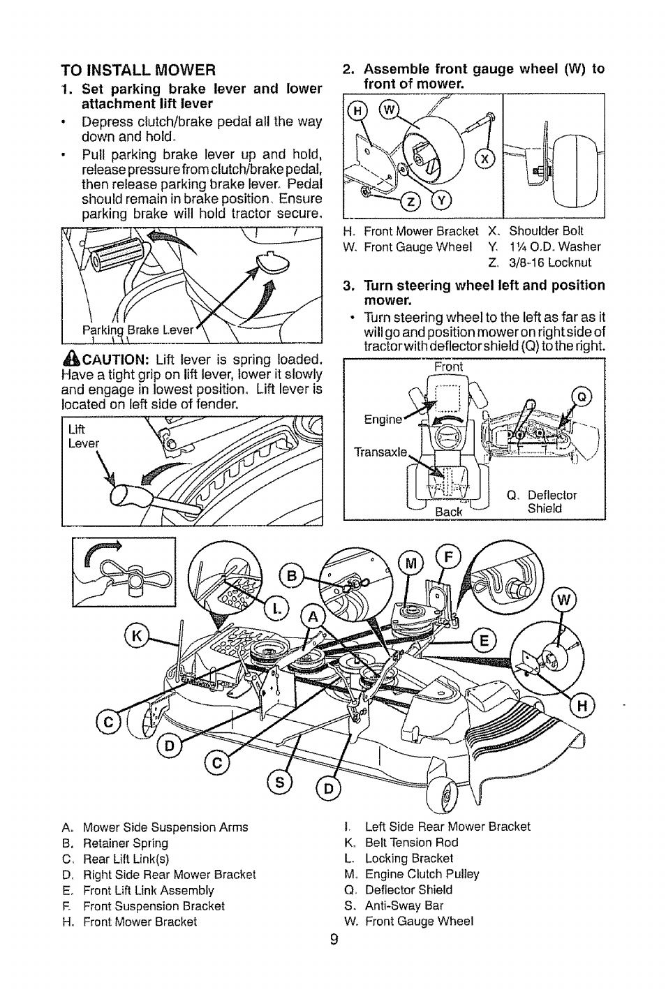 Assemble front gauge wheel (w) to front of mower, Turn steering wheel left and position mower | Craftsman 917.28948 User Manual | Page 9 / 72