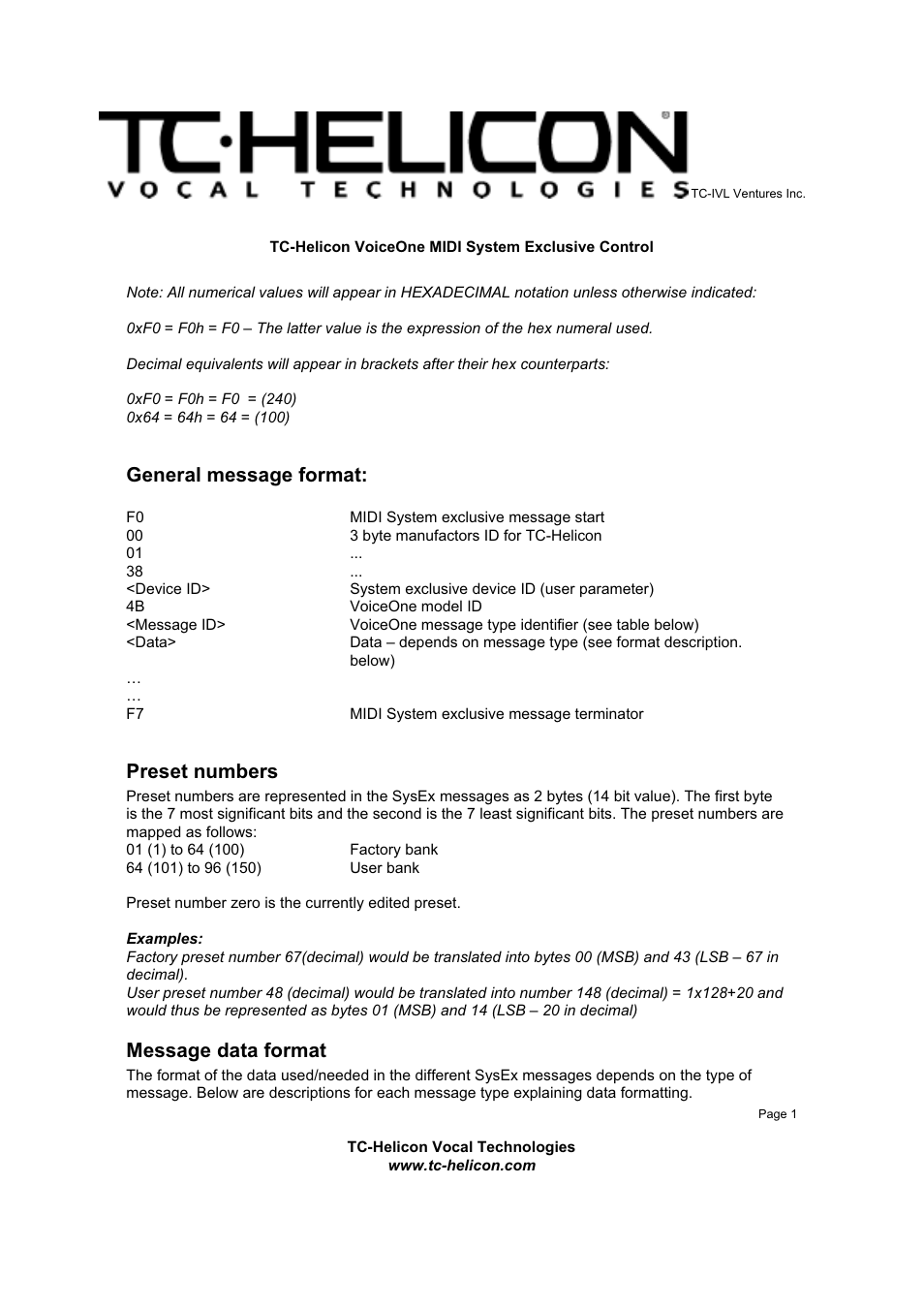 TC-Helicon VoiceOne Sysex Manual User Manual | 7 pages