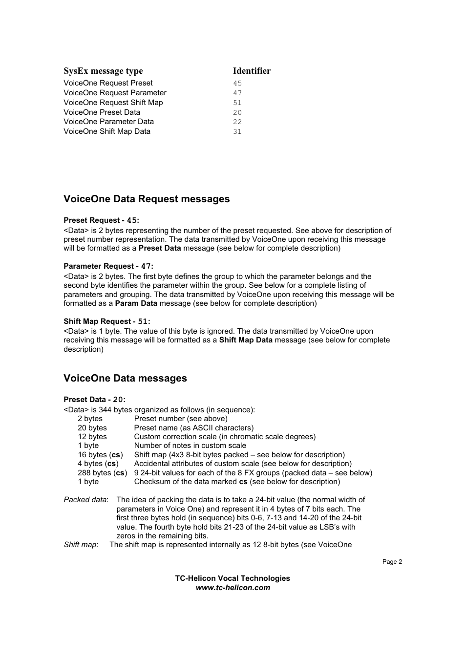 Voiceone data request messages, Voiceone data messages, Sysex message type identifier | TC-Helicon VoiceOne Sysex Manual User Manual | Page 2 / 7