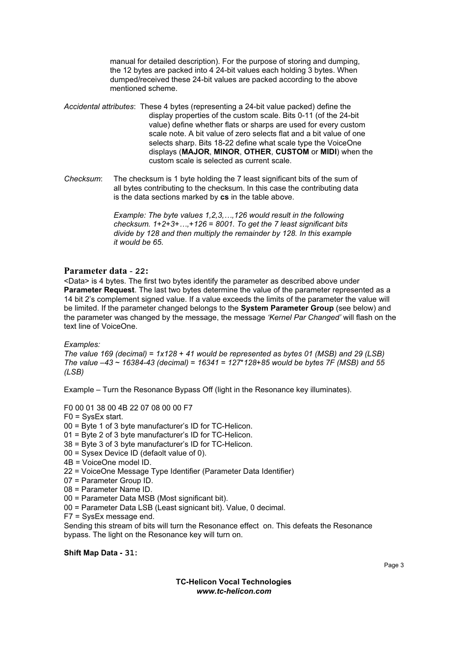 Parameter data | TC-Helicon VoiceOne Sysex Manual User Manual | Page 3 / 7