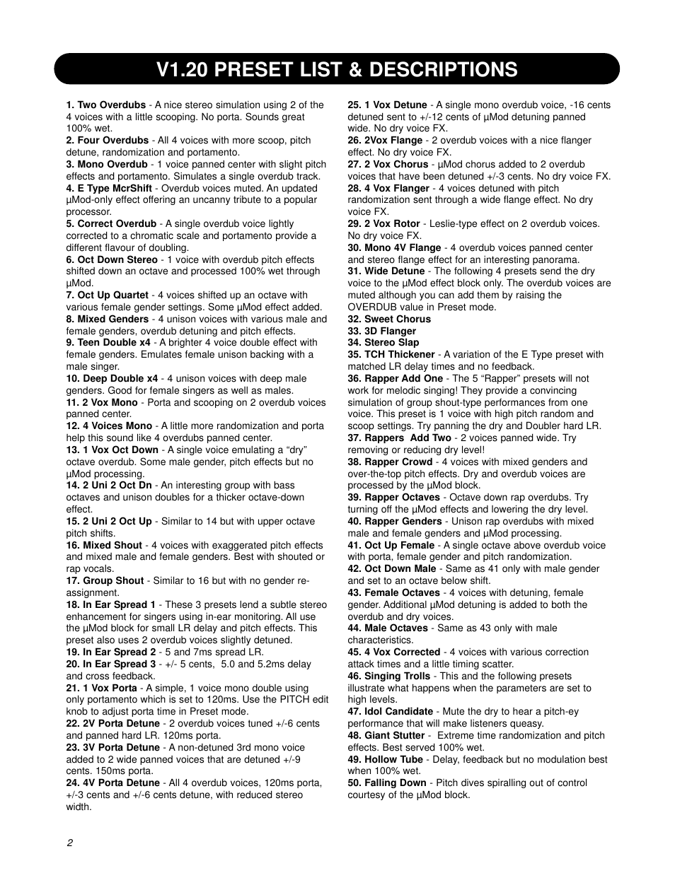 V1.20 preset list & descriptions | TC-Helicon VoiceDoubler Addendum User Manual | Page 2 / 2