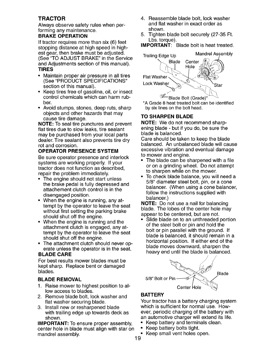 Operator presence system, Blade care, Blade removal | Battery | Craftsman 917.272680 User Manual | Page 19 / 60