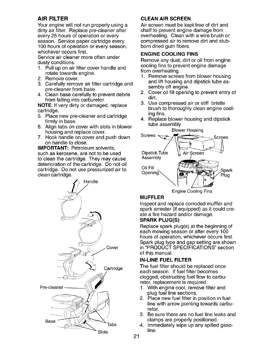 Clean air screen, Engine cooling fins, Muffler | Spark plug(s), In-line fuel filter | Craftsman 917.272680 User Manual | Page 21 / 60