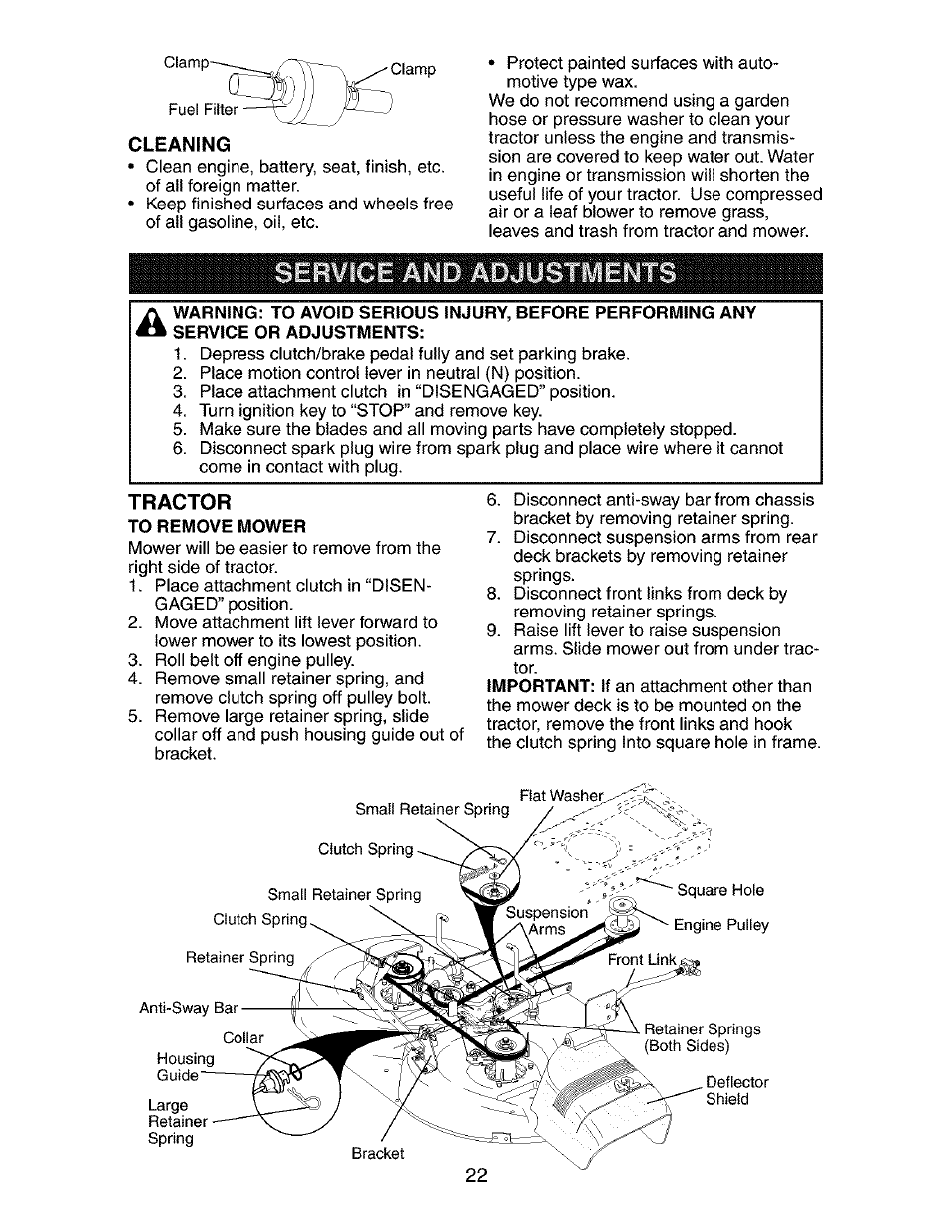 Tractor, To remove mower, Service and adjustments | Craftsman 917.272680 User Manual | Page 22 / 60