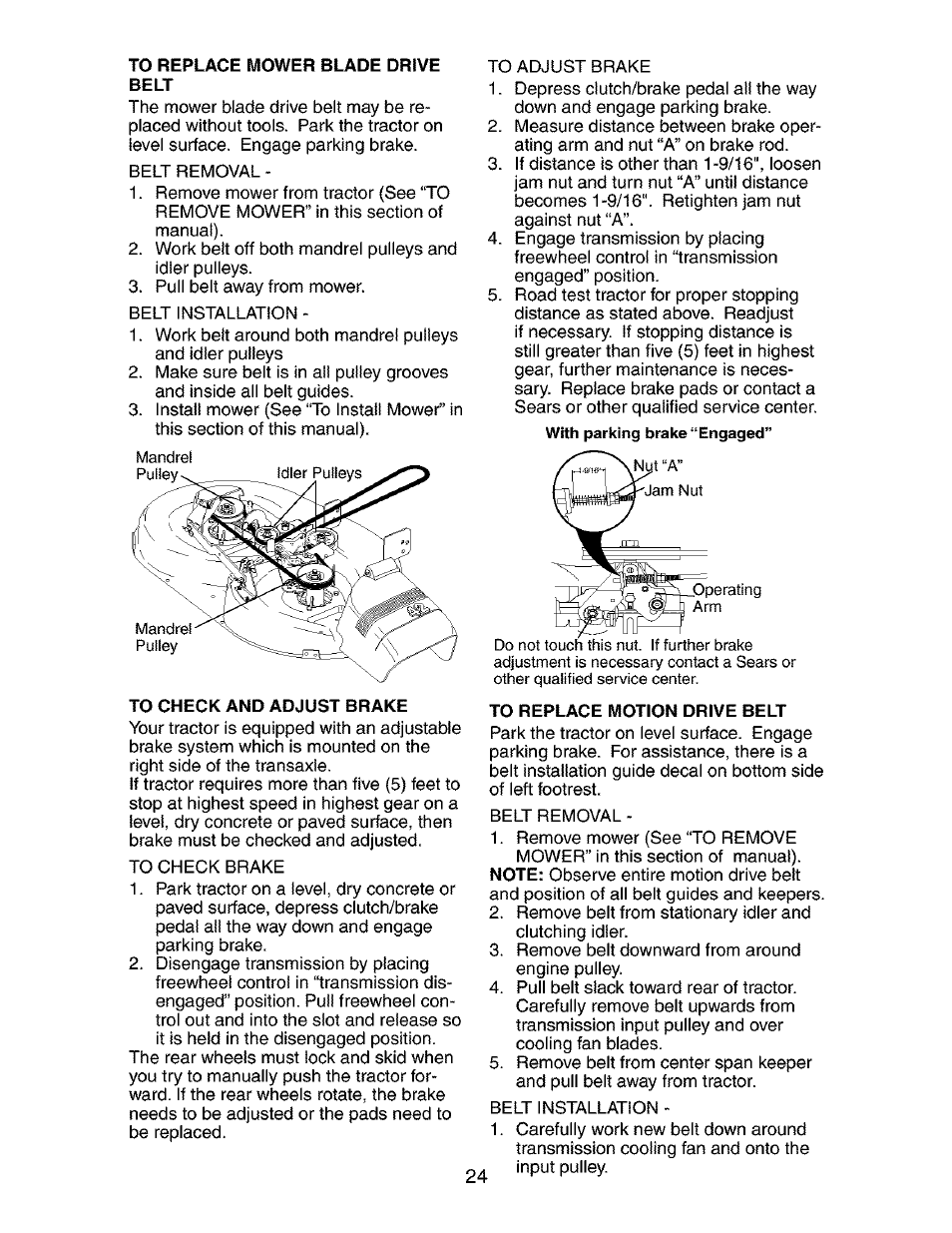 To replace fviower blade drive, Belt, To check and adjust brake | To replace motion drive belt | Craftsman 917.272680 User Manual | Page 24 / 60