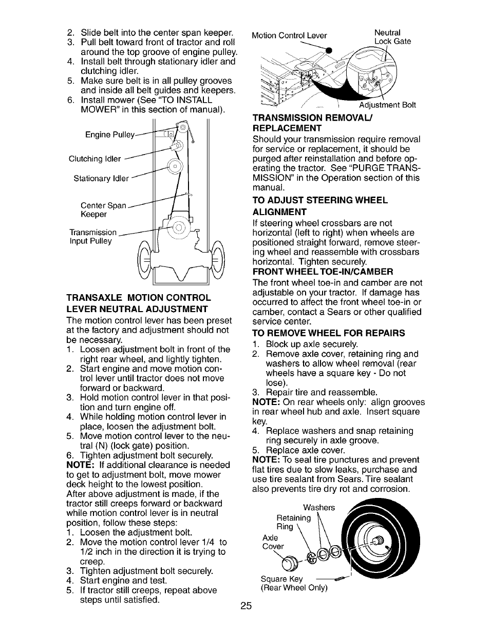 Transaxle motion control lever neutral adjustment, Transmission removal/ replacement, To adjust steering wheel alignment | To remove wheel for repairs | Craftsman 917.272680 User Manual | Page 25 / 60