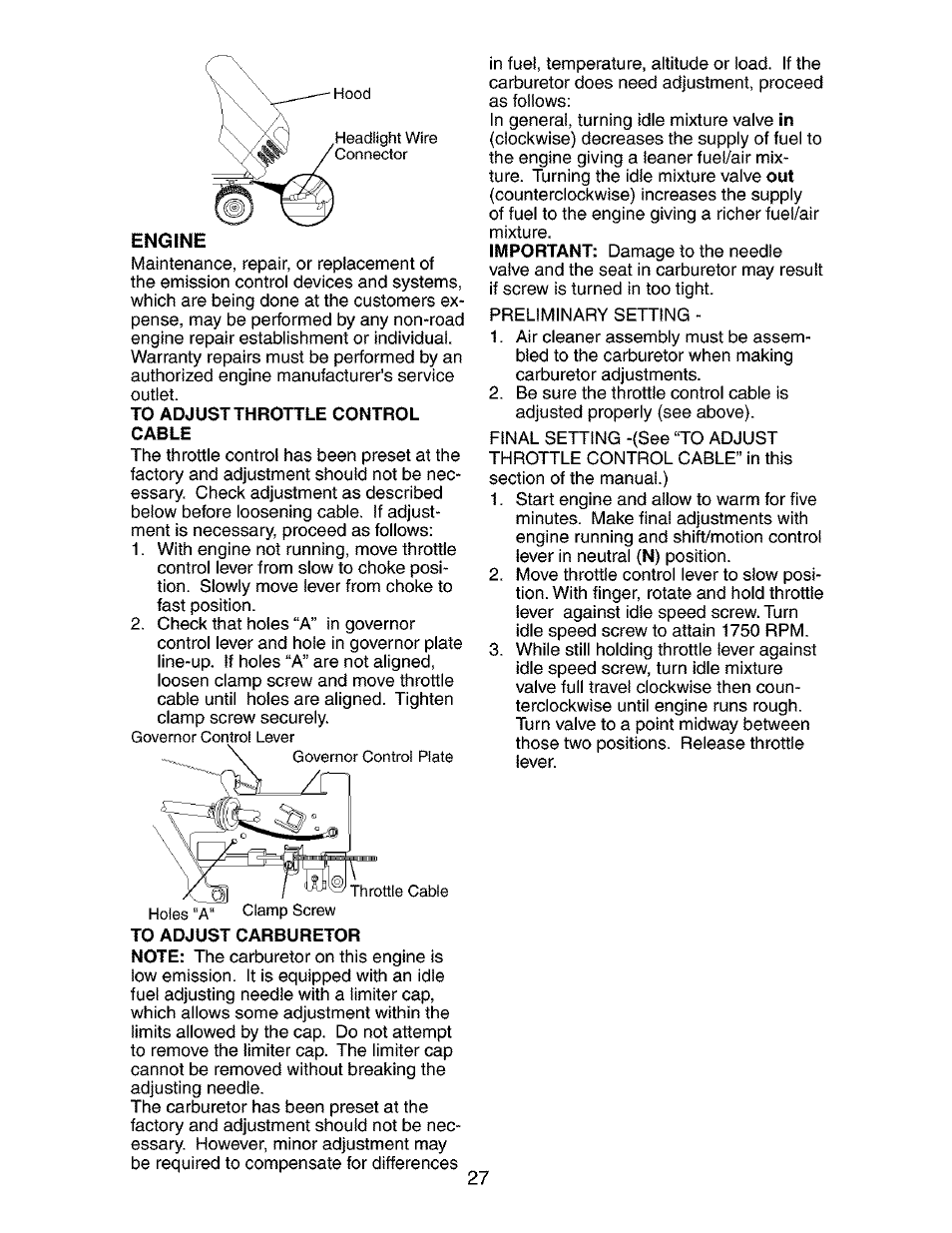 To adjust throttle control cable | Craftsman 917.272680 User Manual | Page 27 / 60