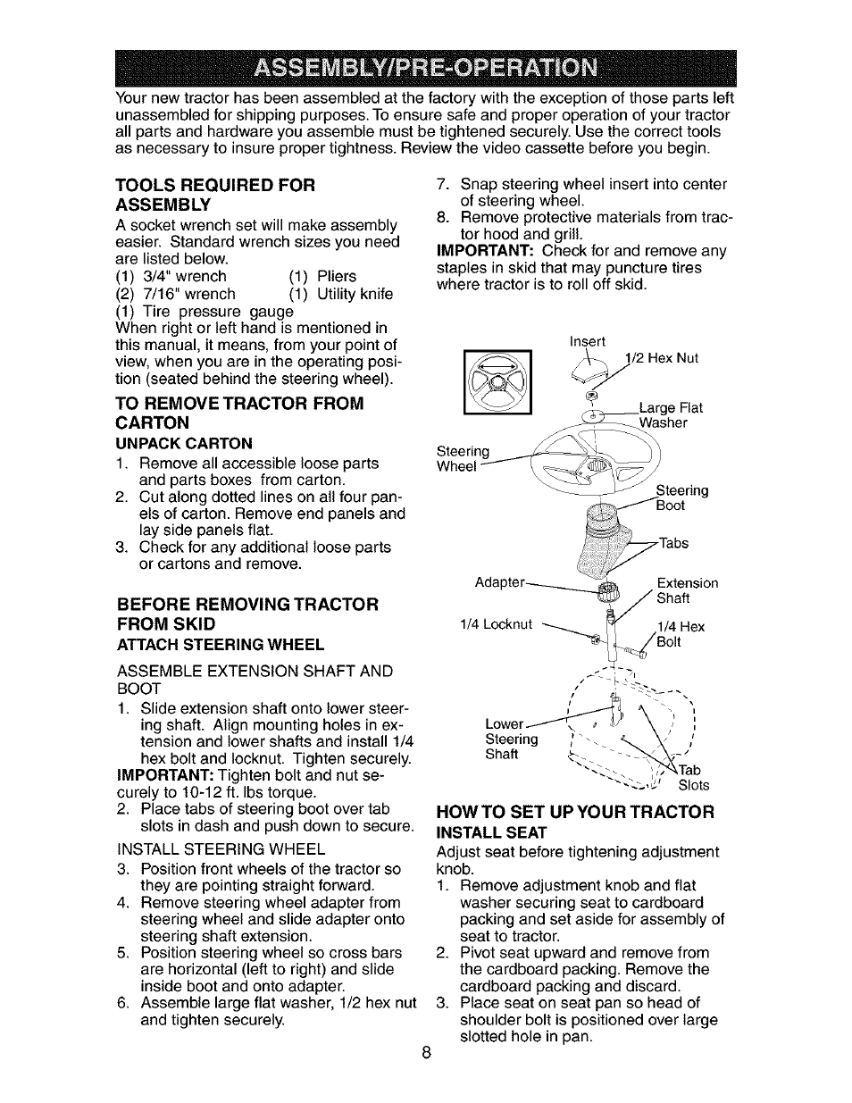Unpack carton, Attach steering wheel, Install seat | Craftsman 917.272680 User Manual | Page 8 / 60