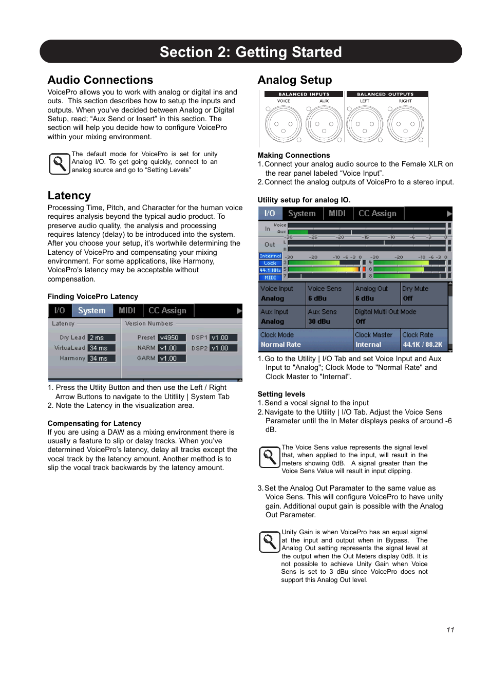 Audio connections, Latency, Analog setup | TC-Helicon VoicePro User Manual | Page 11 / 77