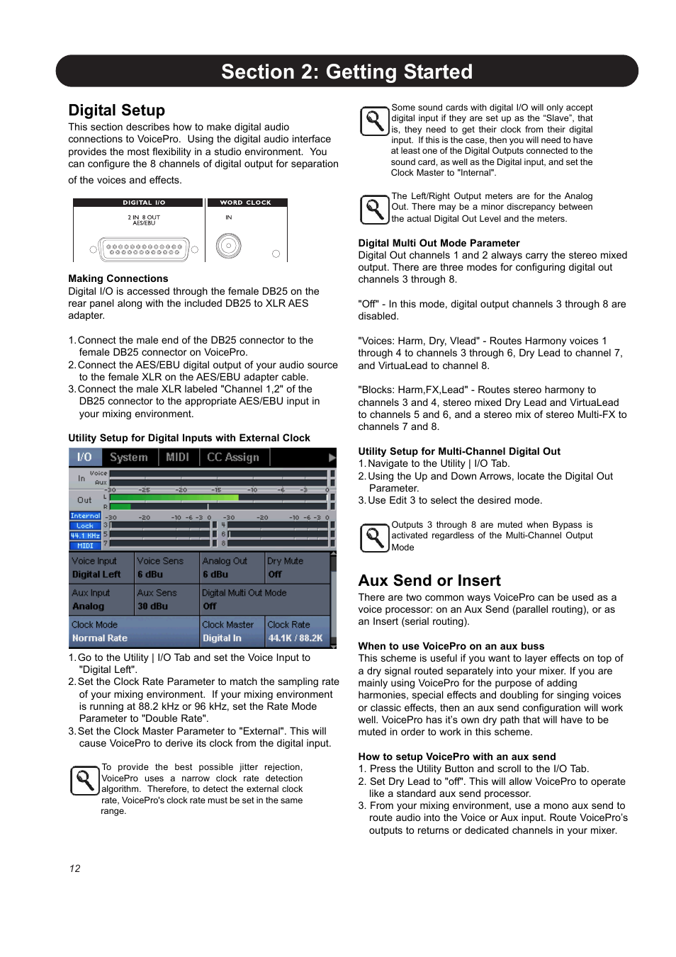 Digital setup, Aux send or insert | TC-Helicon VoicePro User Manual | Page 12 / 77