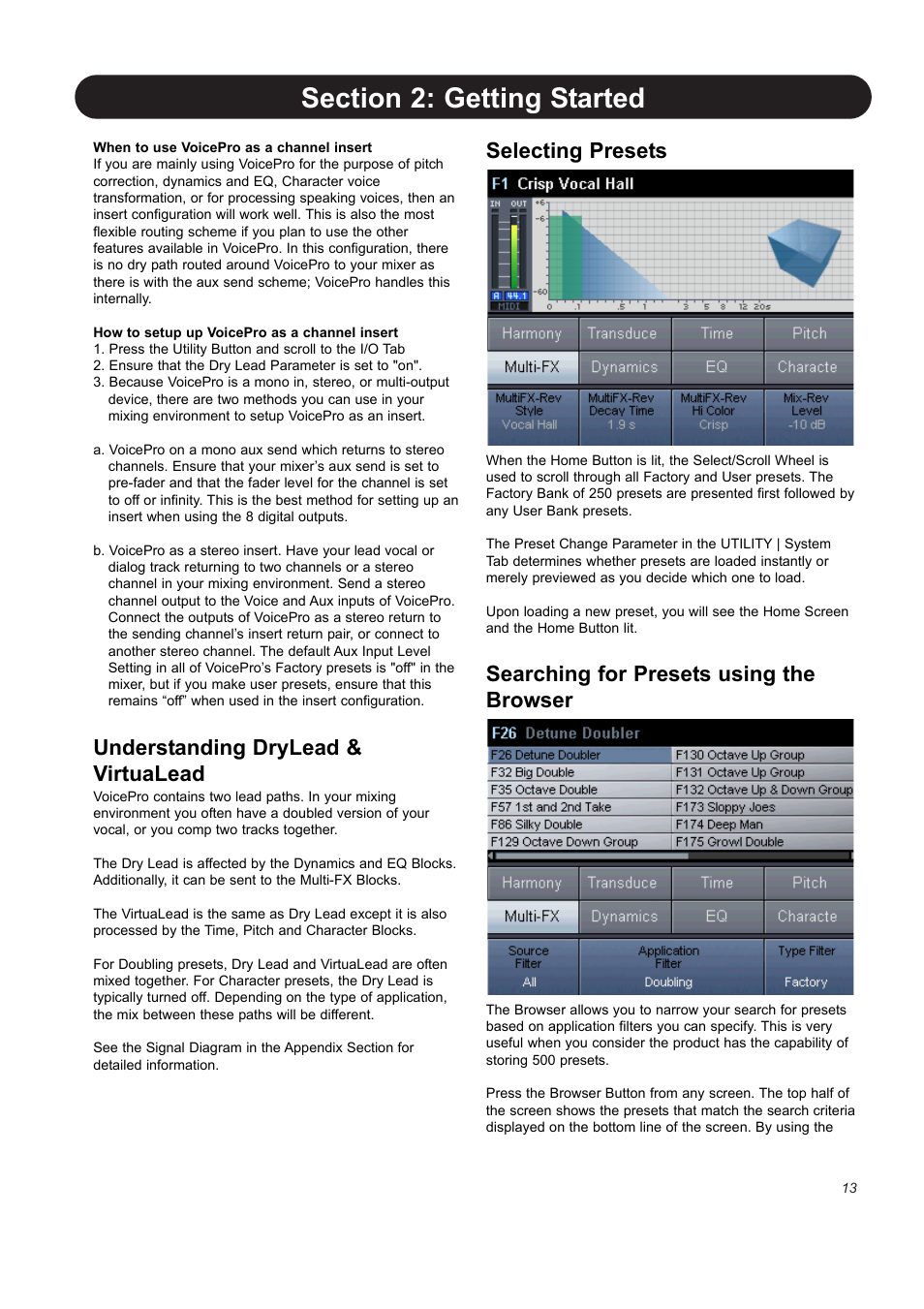 Understanding drylead & virtualead, Selecting presets, Searching for presets using the browser | TC-Helicon VoicePro User Manual | Page 13 / 77