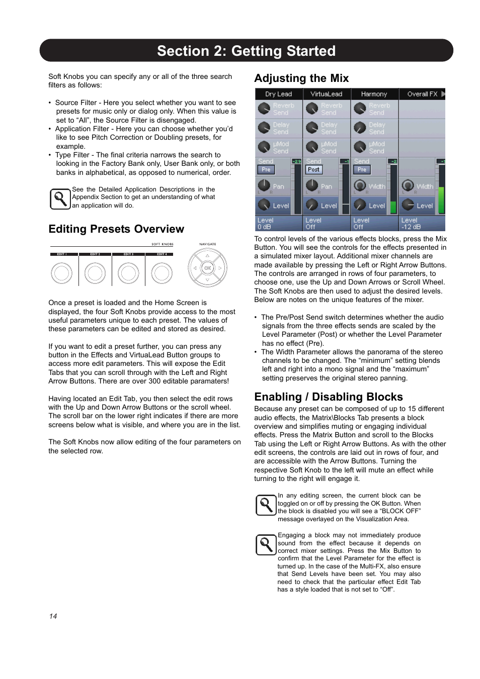 Editing presets overview, Adjusting the mix, Enabling / disabling blocks | TC-Helicon VoicePro User Manual | Page 14 / 77