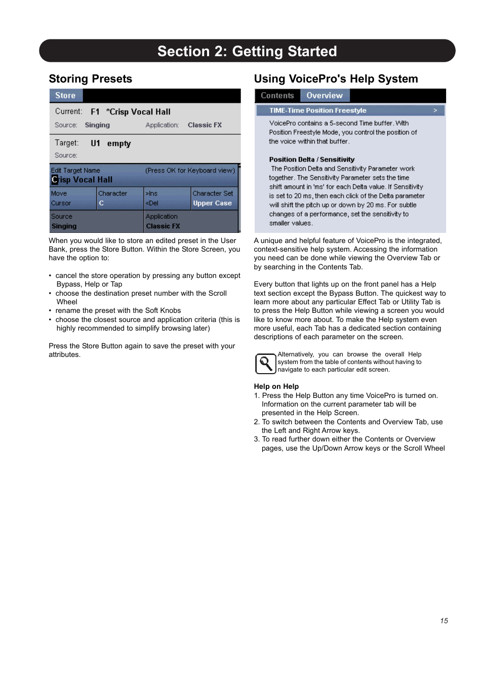 Storing presets, Using voicepro's help system | TC-Helicon VoicePro User Manual | Page 15 / 77