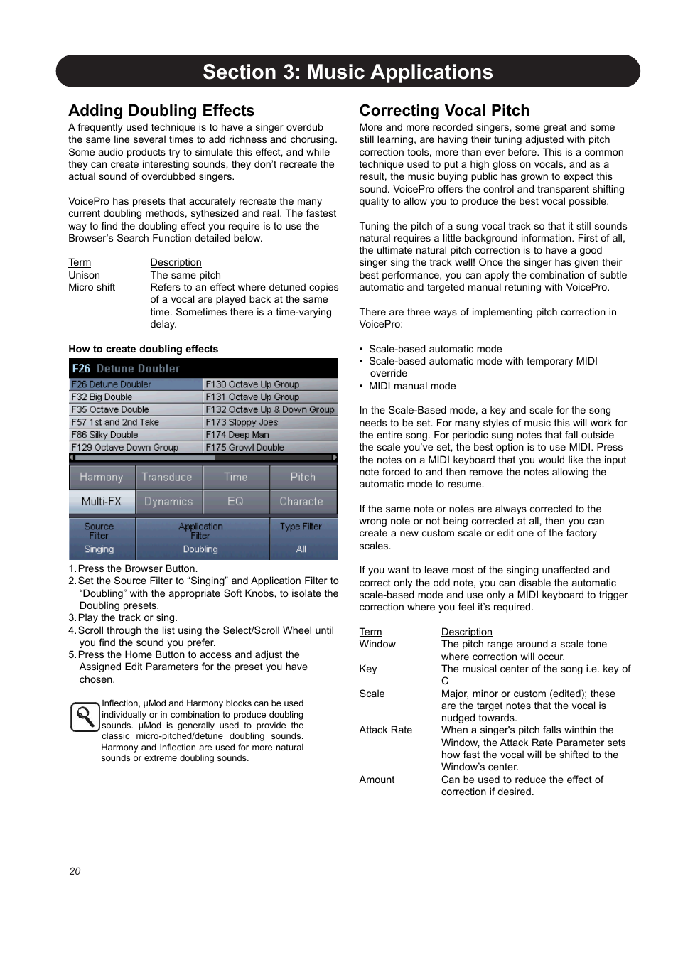 Adding doubling effects, Correcting vocal pitch | TC-Helicon VoicePro User Manual | Page 20 / 77