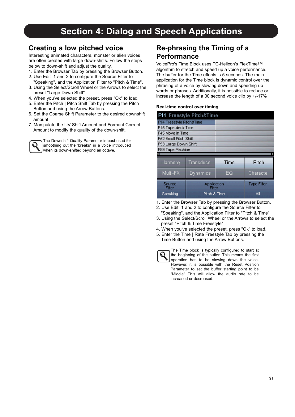Creating a low pitched voice, Re-phrasing the timing of a performance | TC-Helicon VoicePro User Manual | Page 31 / 77