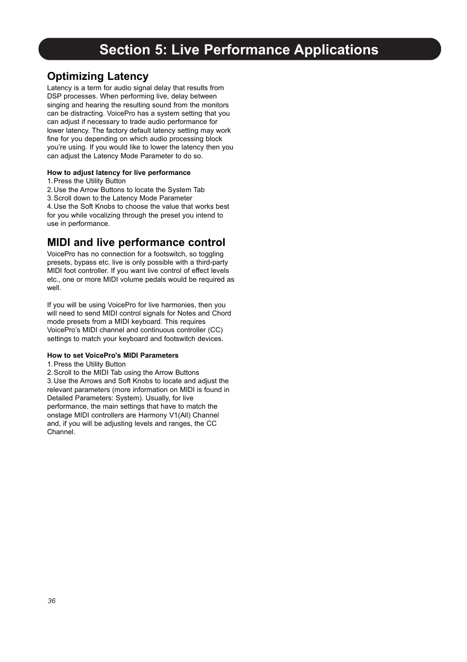 Optimizing latency, Midi and live performance control | TC-Helicon VoicePro User Manual | Page 36 / 77